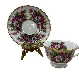 Shafford Teacup and Saucer Bone China Japan Hand Decorated Purple Floral